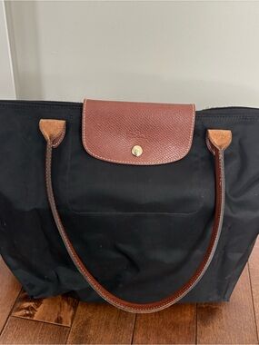 Longchamp Le Pliage Black Nylon Tote with Brown Leather Trim